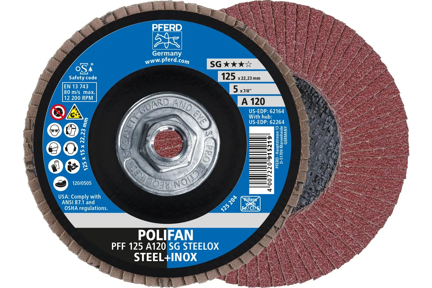 Picture of Pferd Flap Disc, 5" x 5/8-11, A SG Steelox, 120 Grit, T27, Flat, Aluminum oxide